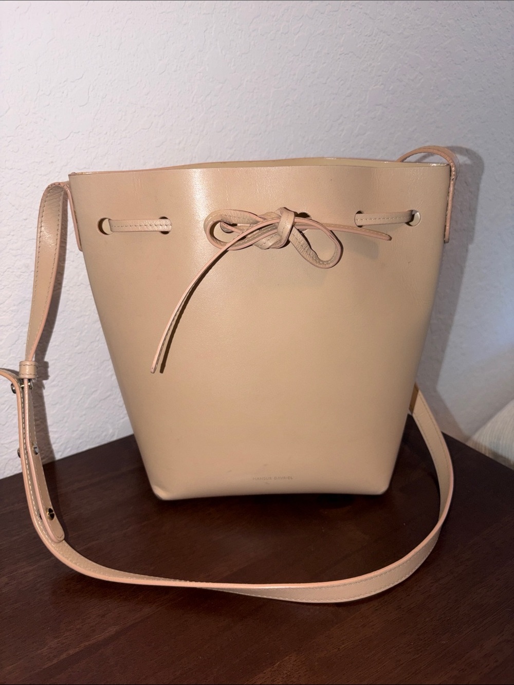 Mansur Gavriel original Minimalist Beige Leather Bucket Bag , Adjustable Strap
